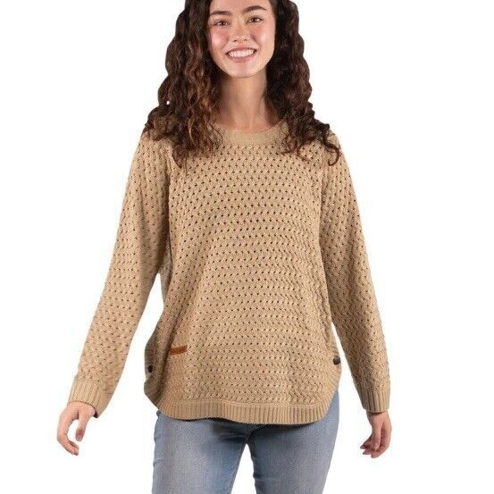 Simply Southern Medium Open Knit Pullover Snap Sweater-Round Neck-Ribbed Cuff